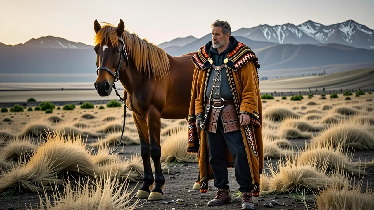 Un hombre pensativo junto a su caballo