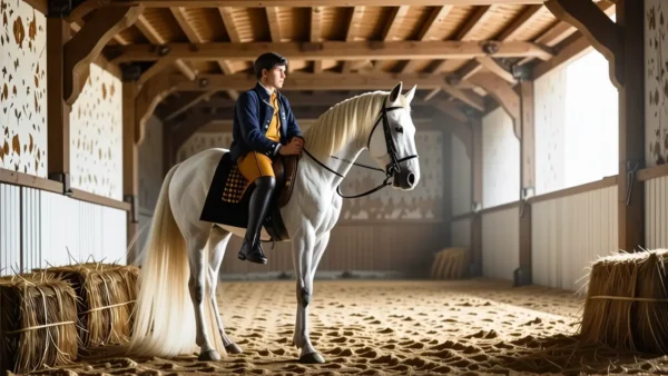 Un joven jinete español contempla su caballo