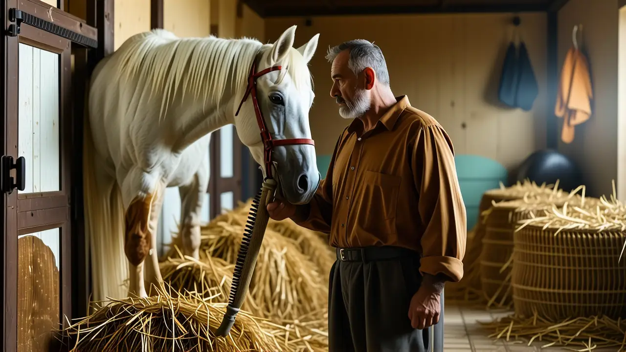 Un hombre pensativo cuida su caballo