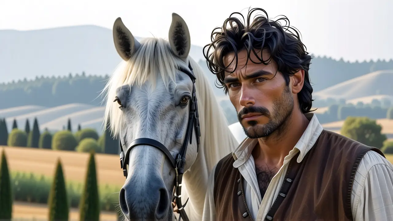 Un hombre pensativo observa su caballo en Toscana