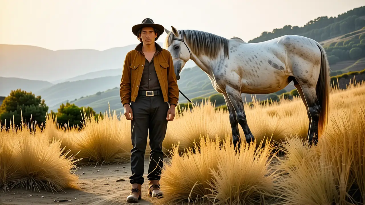 Un hombre andaluz contempla su caballo en la luz dorada