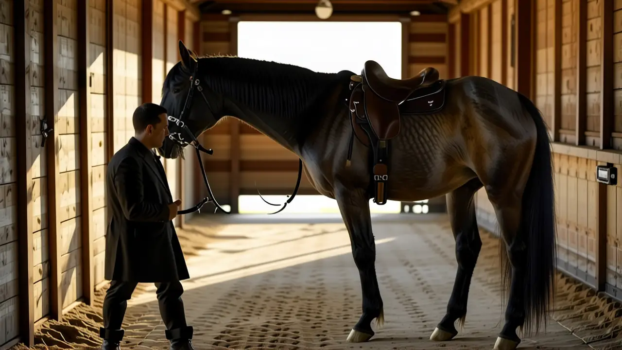 Un hombre pensativo observa su caballo en luz dorada