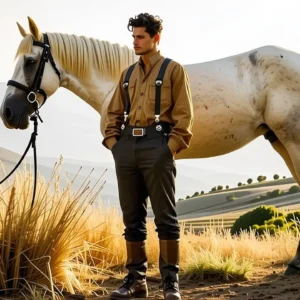 Un hombre andaluz contempla su caballo en luz dorada