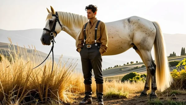 Un hombre andaluz contempla su caballo en luz dorada