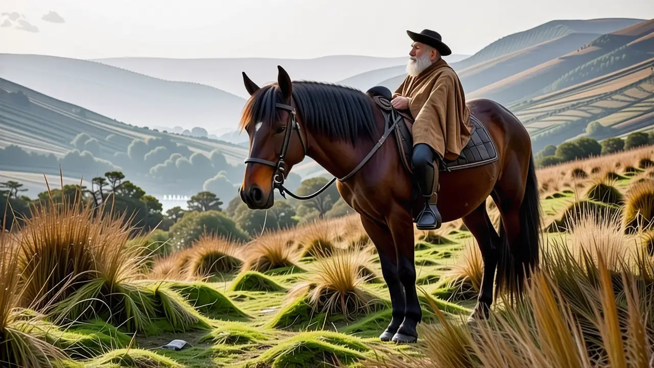 Un hombre pensativo y su caballo en Bretaña