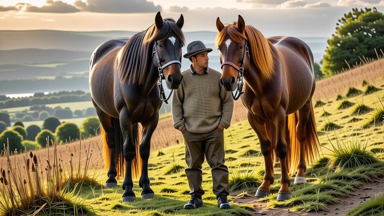 Un hombre bretón contempla caballos en Francia