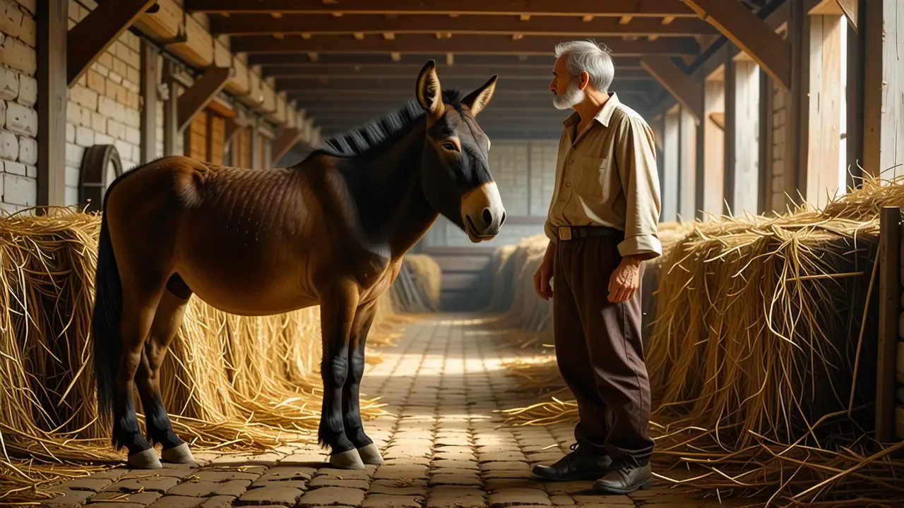 Un hombre pensativo observa una mula