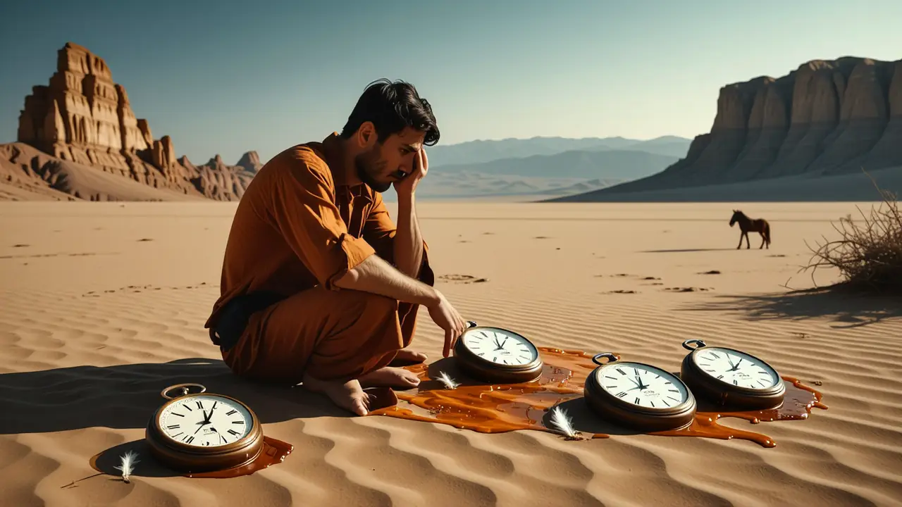 Un hombre melancólico contempla el desierto surrealista