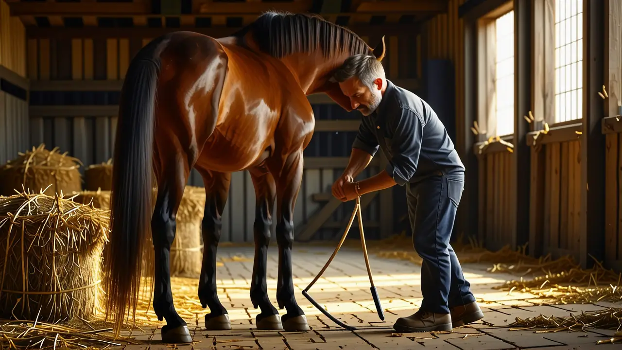 Un hombre español cuida una yegua