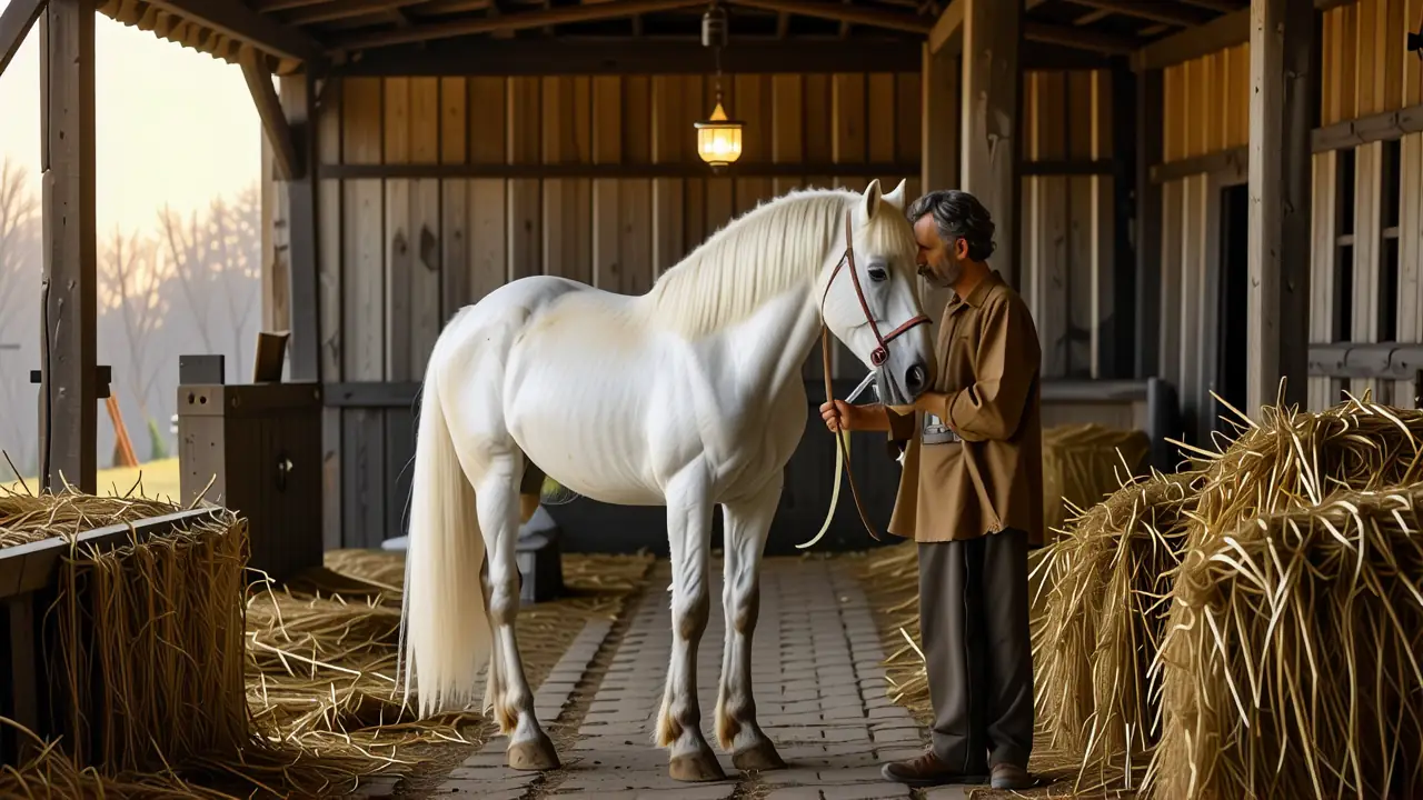 Un hombre pensativo cuida su caballo en establo