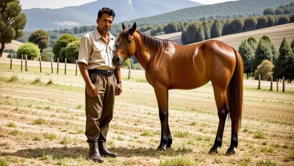 Un hombre español melancólico observa su caballo