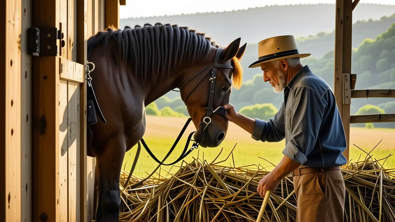 Un hombre español cuida su caballo