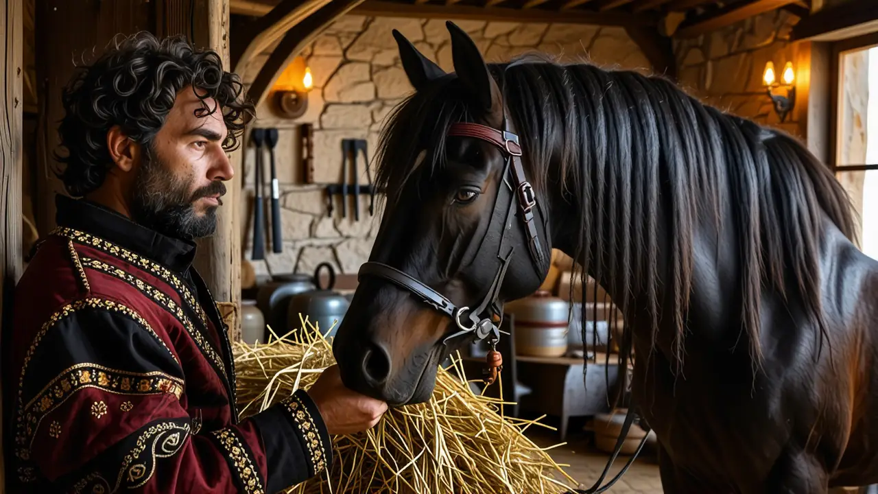 Un hombre frísio acaricia su caballo en la penumbra