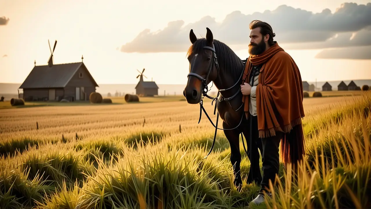 Un hombre frísiano contempla su caballo en la luz dorada