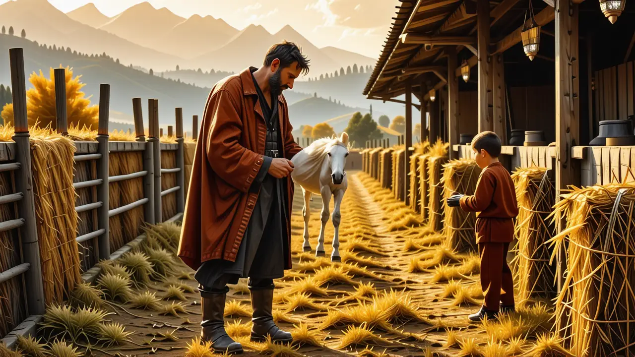 Un hombre serio cuida un potro