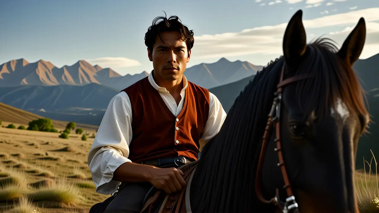 Un hombre serio monta su caballo en Andes