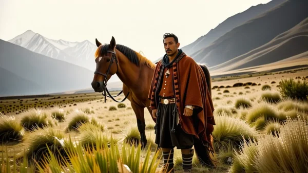 Un hombre español contempla su caballo andino