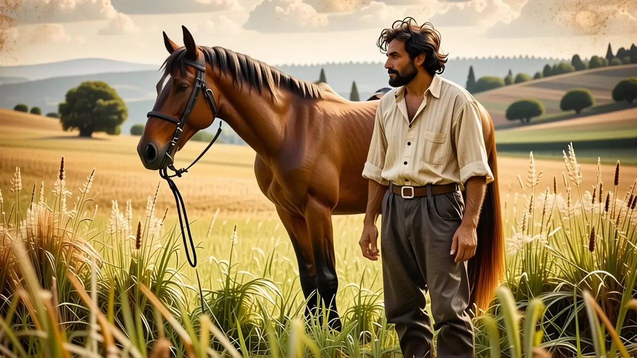 Un hombre pensativo junto a su caballo