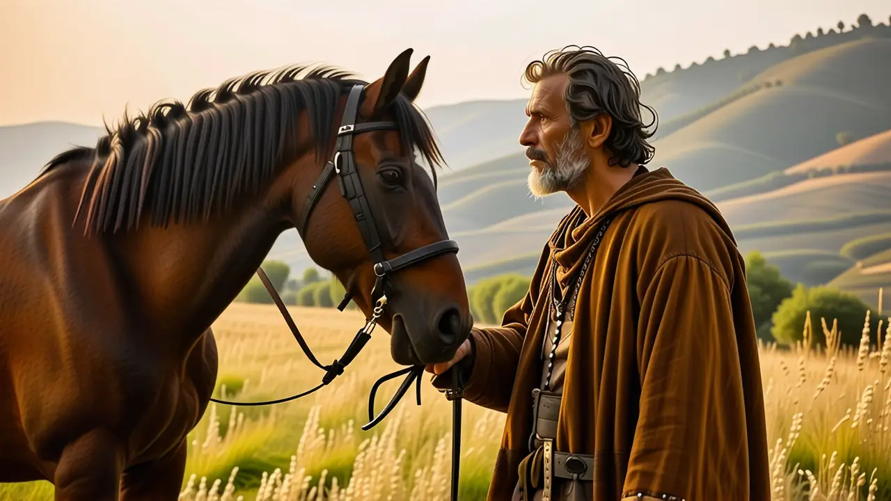Un hombre español observa a su caballo