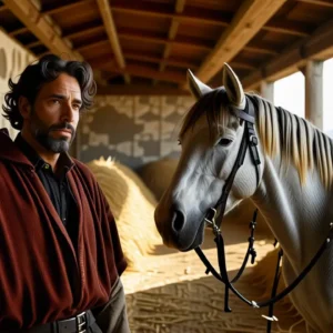 Un hombre serio monta un caballo en establo