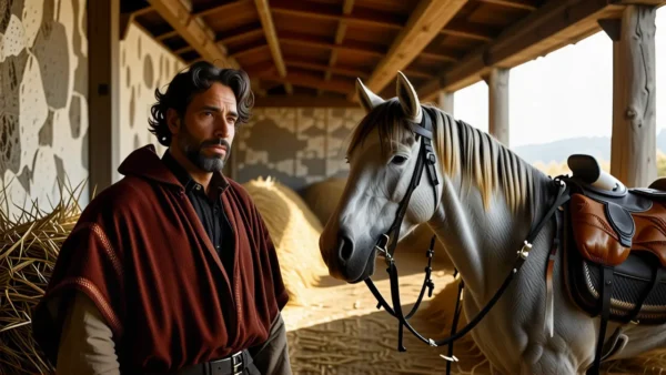 Un hombre serio monta un caballo en establo