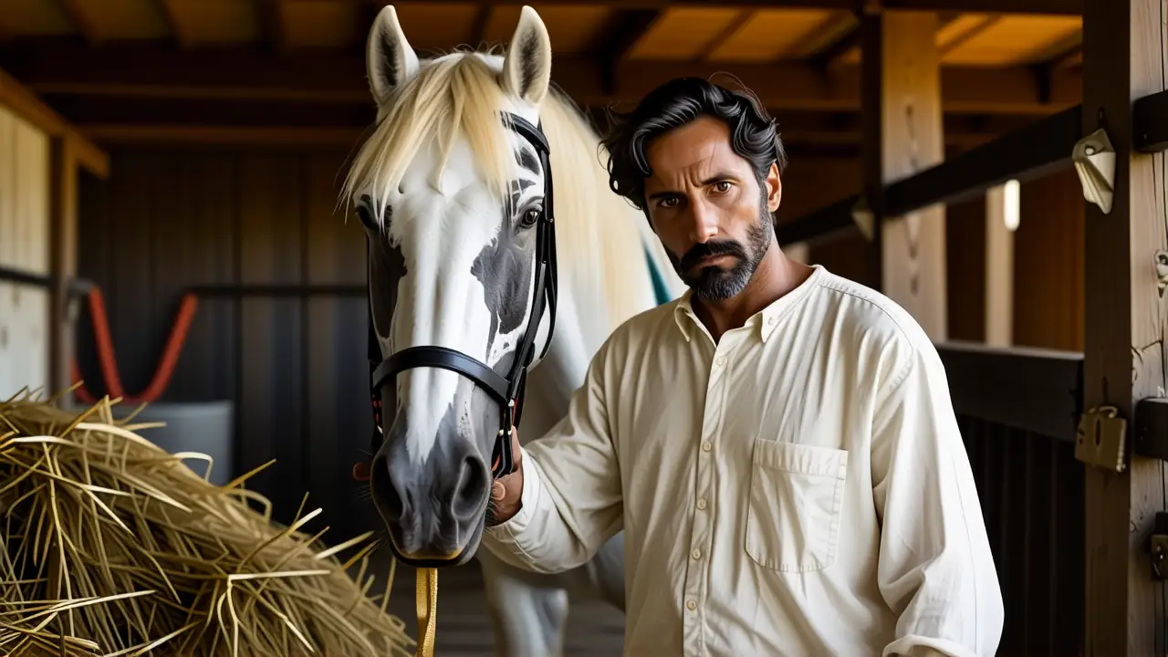 Un hombre melancólico acaricia un caballo viejo