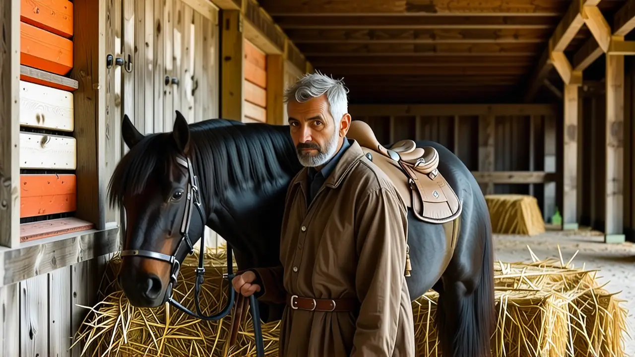 Un hombre melancólico monta a caballo