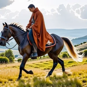 Un jinete español galopa en la luz dorada