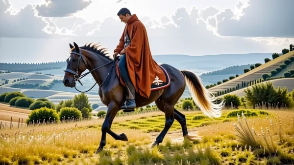 Un jinete español galopa en la luz dorada