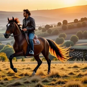 Un hombre elegante galopa en la luz dorada