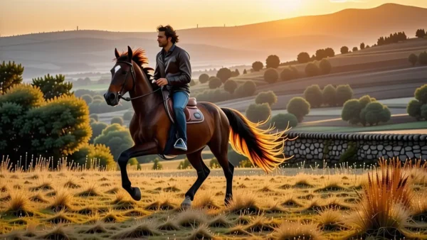 Un hombre elegante galopa en la luz dorada
