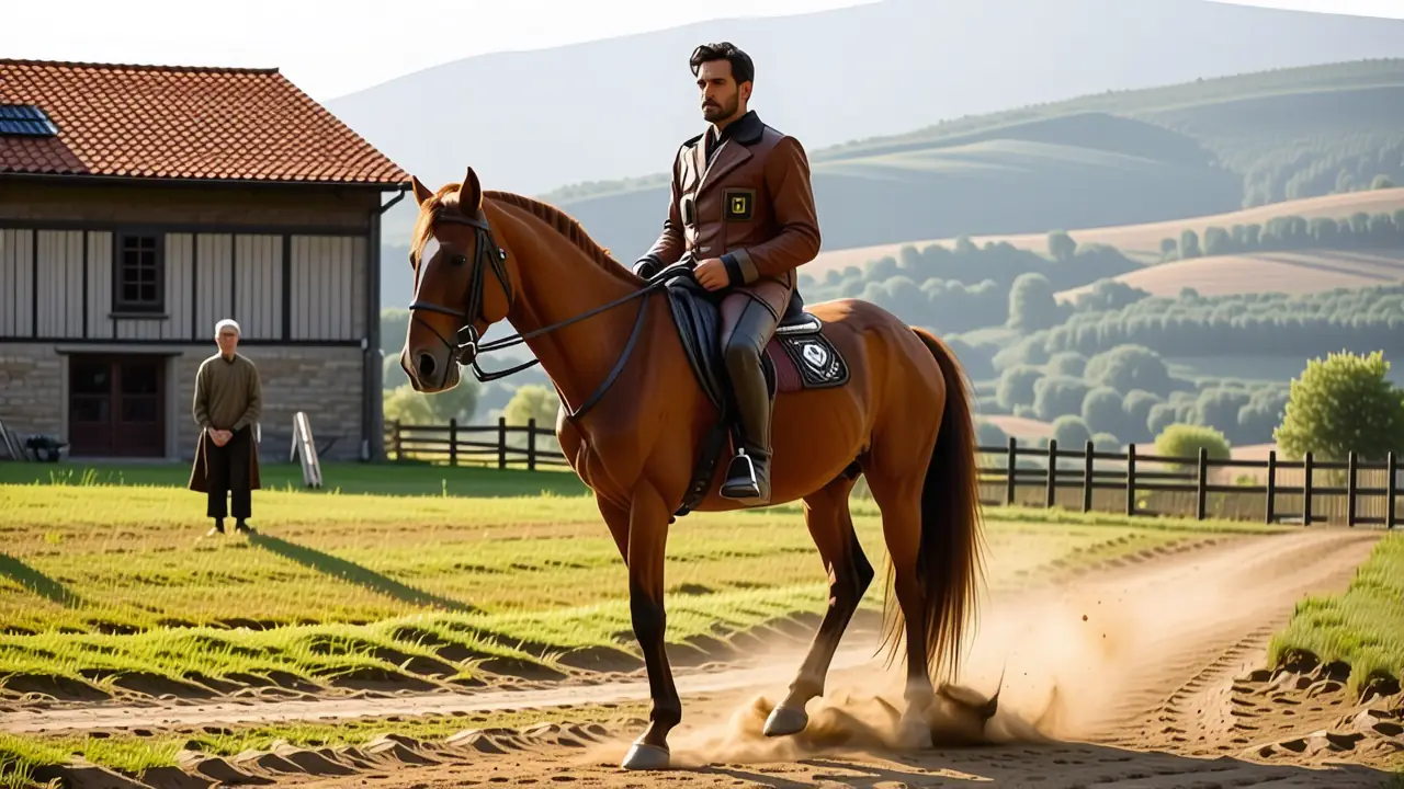 Un jinete español anciano observa un caballo galopando