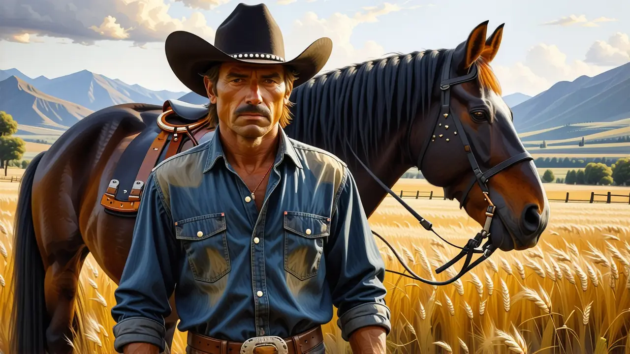 Sampson, cowboy serio, contempla su rancho