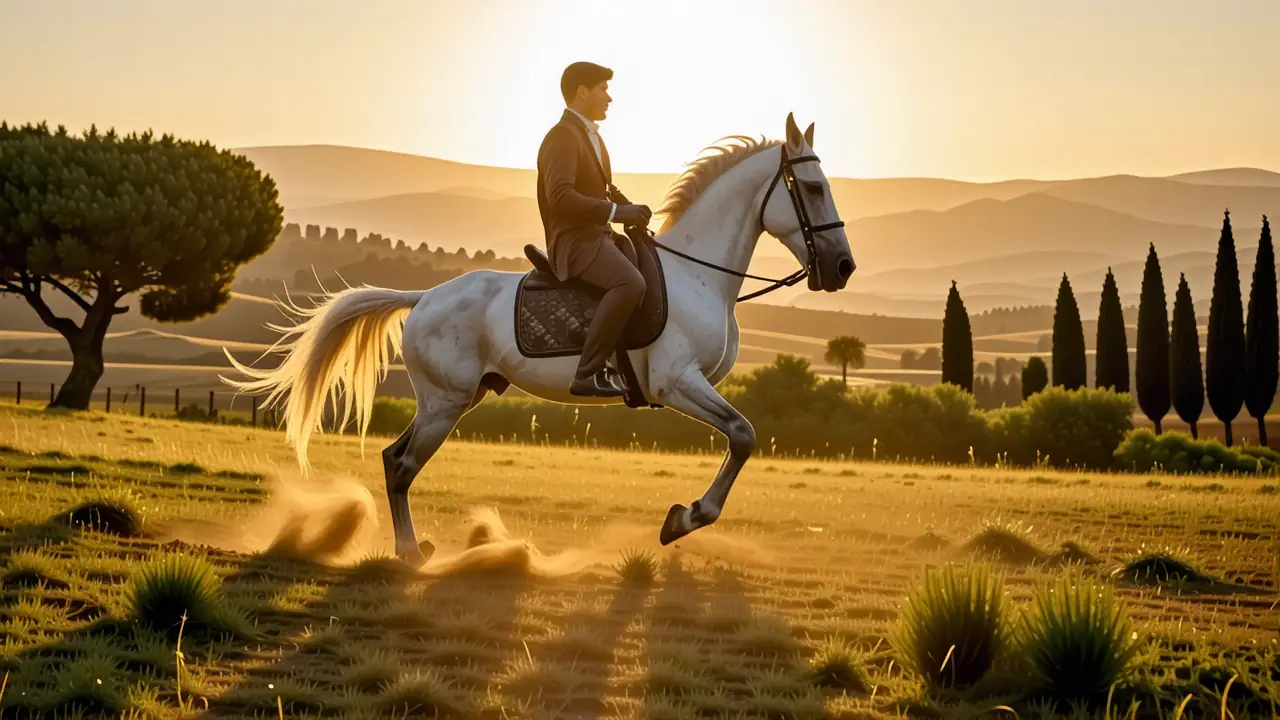 Un jinete español galopa en el sol