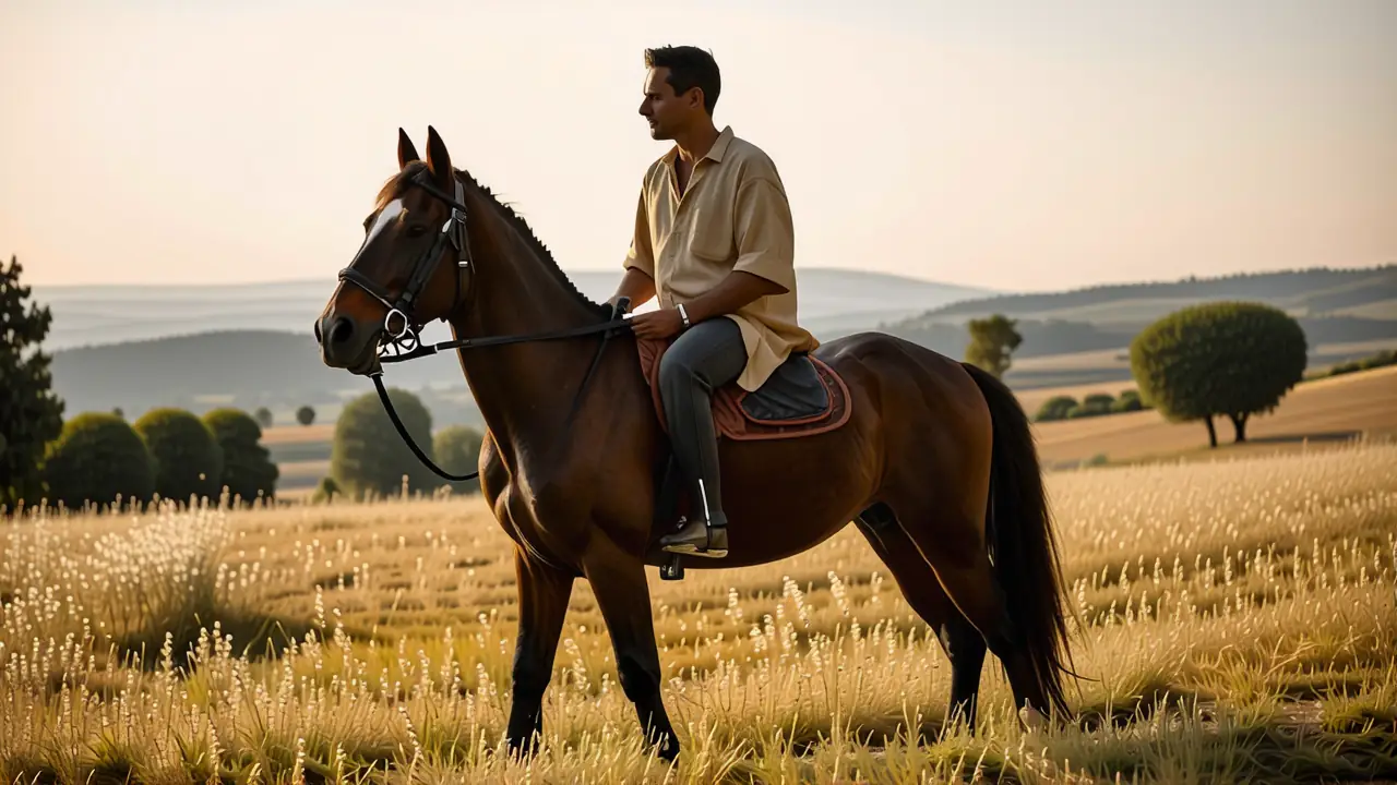 Un hombre contemplativo monta a caballo al atardecer