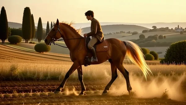 Un jinete andaluz galopa en la Toscana