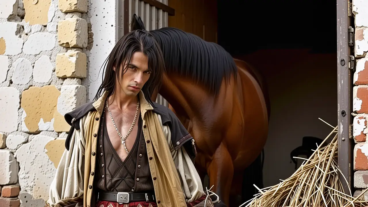 Un hombre melancólico observa su caballo bajo luz dramática