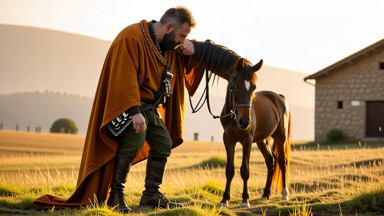 Un hombre pensativo observa su potro en España