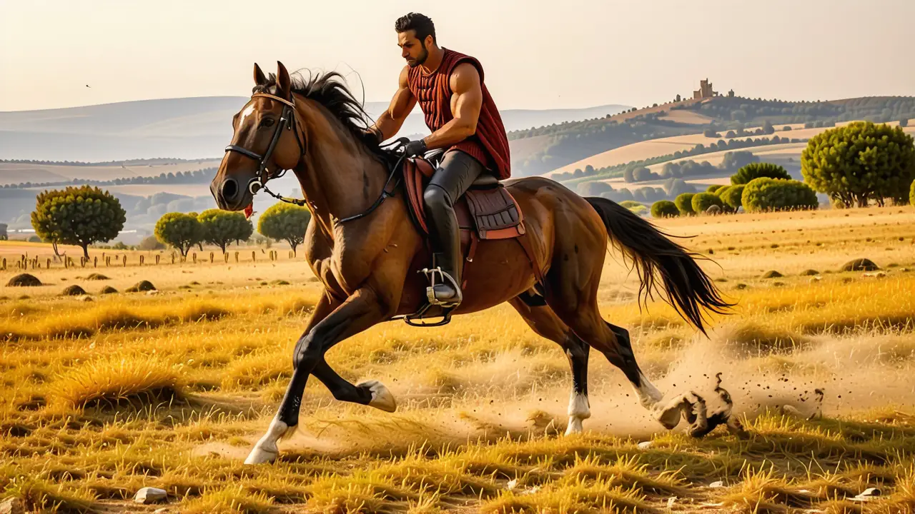 Un jinete español galopa en la luz dorada