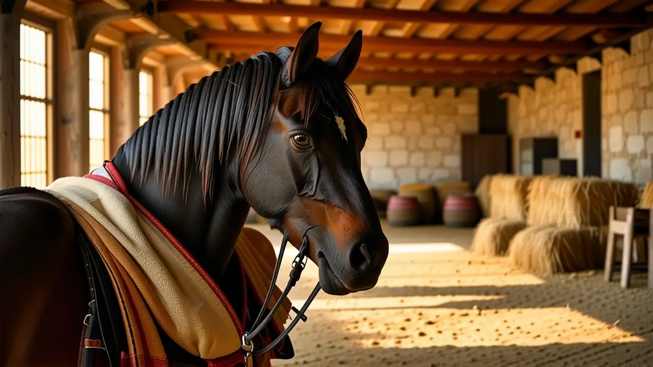 Un caballo andaluz realista ilumina un establo