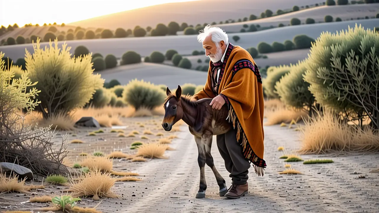 Un anciano español melancólico sostiene un potro
