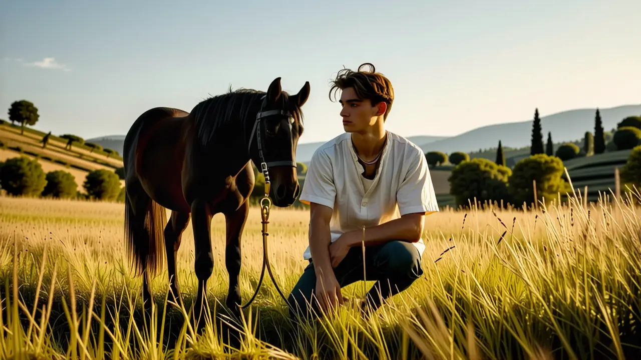 Un hombre español pensativo junto a su yegua