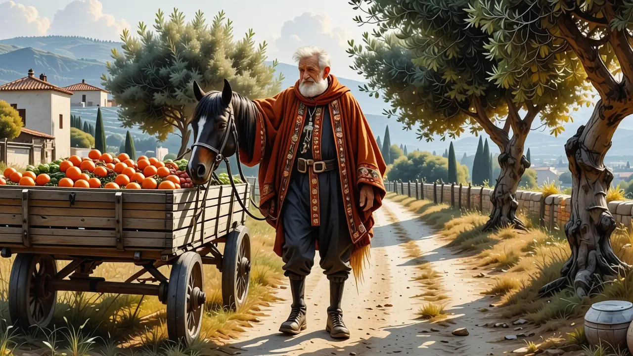 Un anciano español guía su caballo en la Andalucía dorada