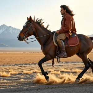 Un jinete español galopa en la estepa