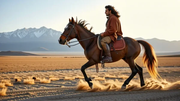 Caballo Mongolia: Caballos Mongoles Resilientes y Antiguos 1 Un jinete español galopa en la estepa