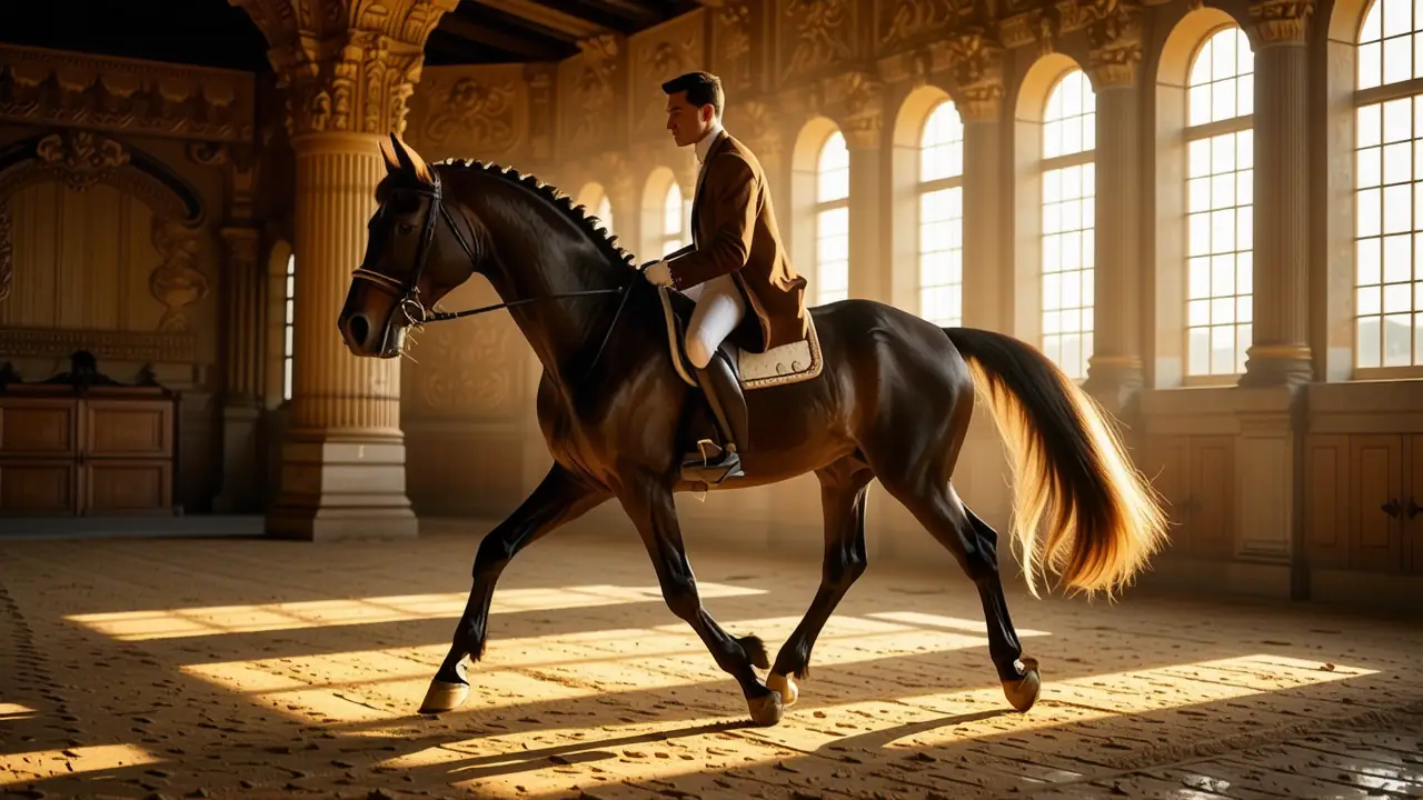 Un jinete elegante domina su caballo en luz dorada