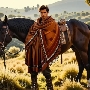 Un hombre español serio monta su caballo