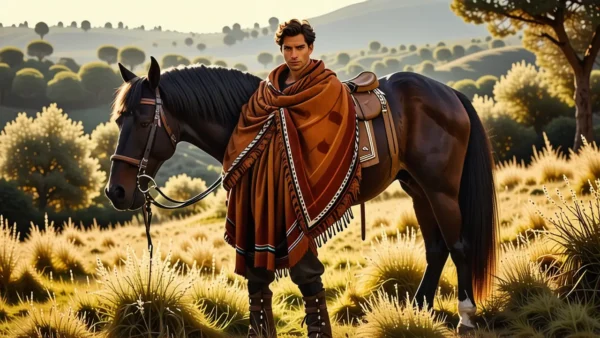 Un hombre español serio monta su caballo