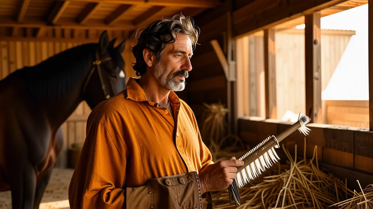 Un hombre pensativo cuida su caballo