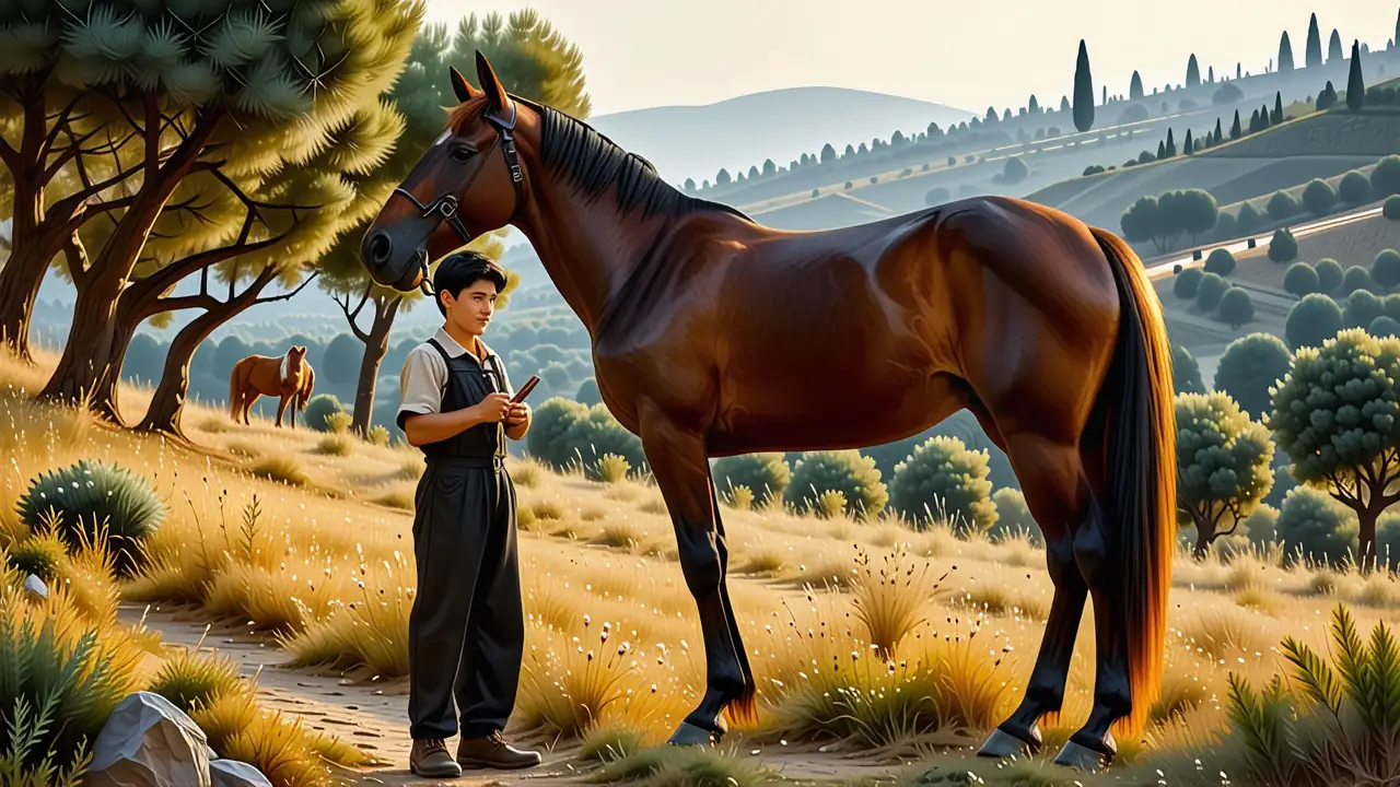 Un joven jinete pinta un caballo sereno